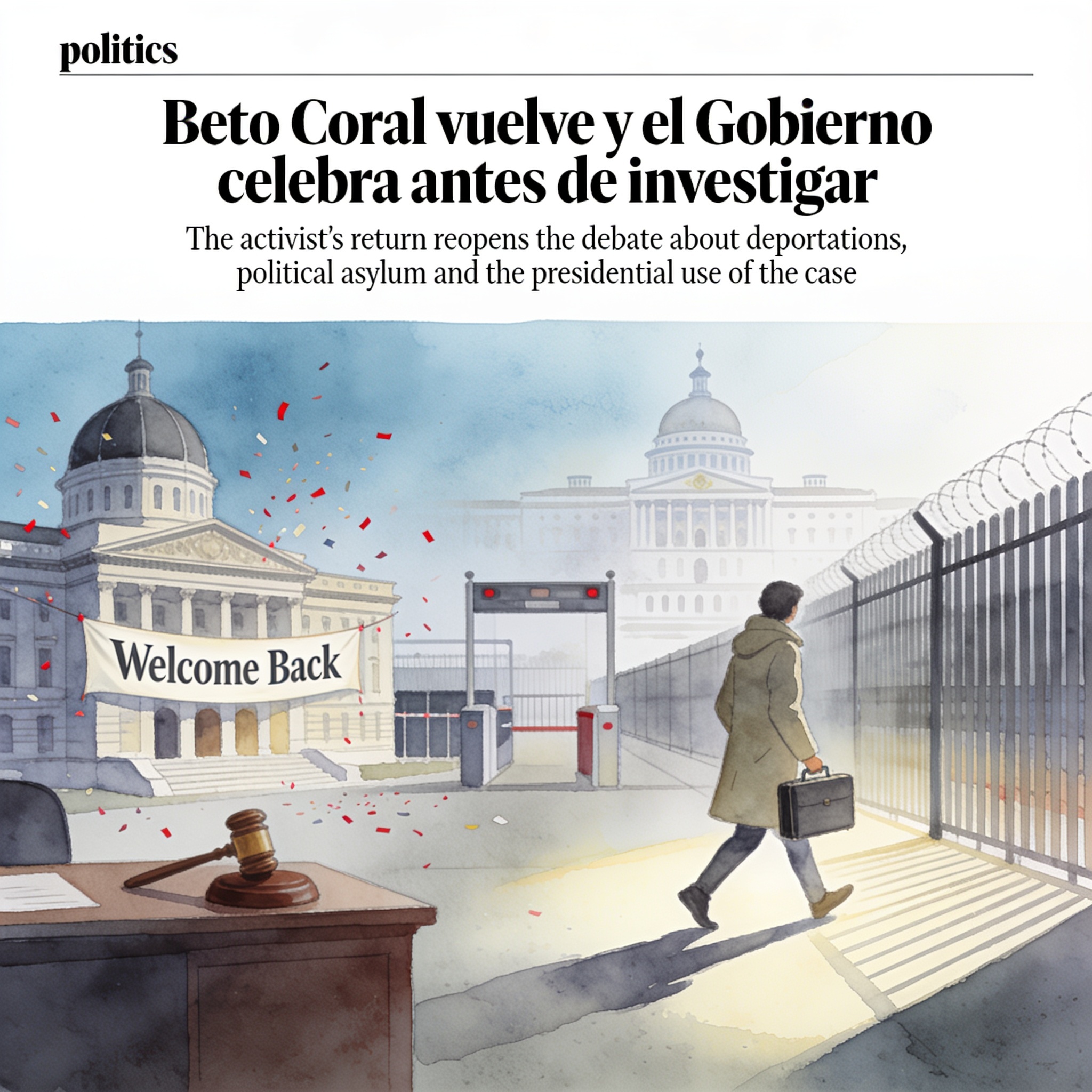 Beto Coral vuelve y el Gobierno celebra antes de investigar — Política, ilustración editorial