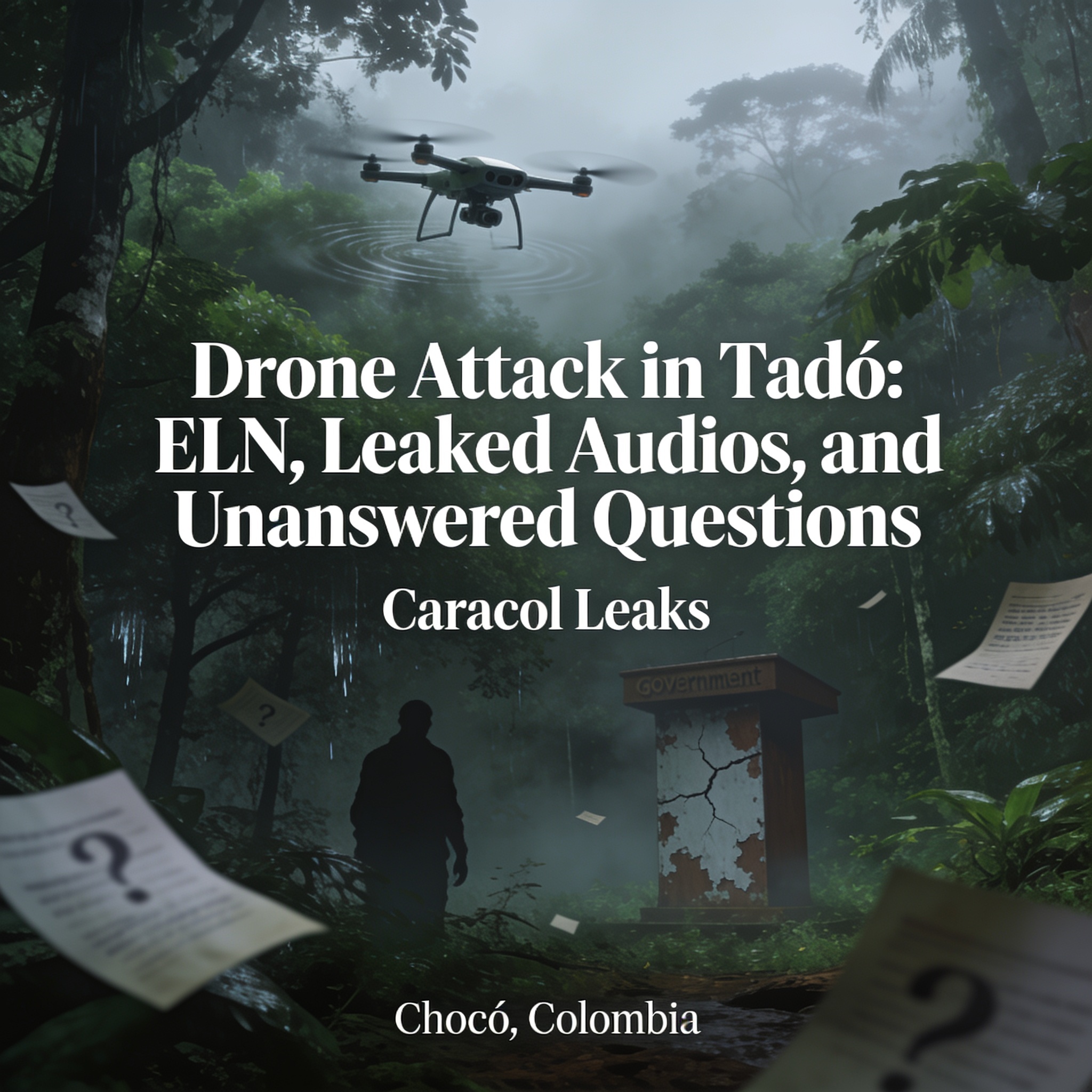 Tadó, los drones y las preguntas que el Gobierno no responde — Política, ilustración editorial