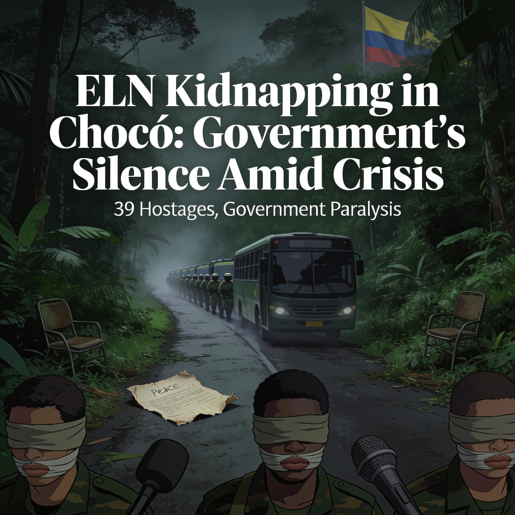 El ELN secuestra a 39 personas en Chocó y el Gobierno guarda silencio — Política, ilustración editorial
