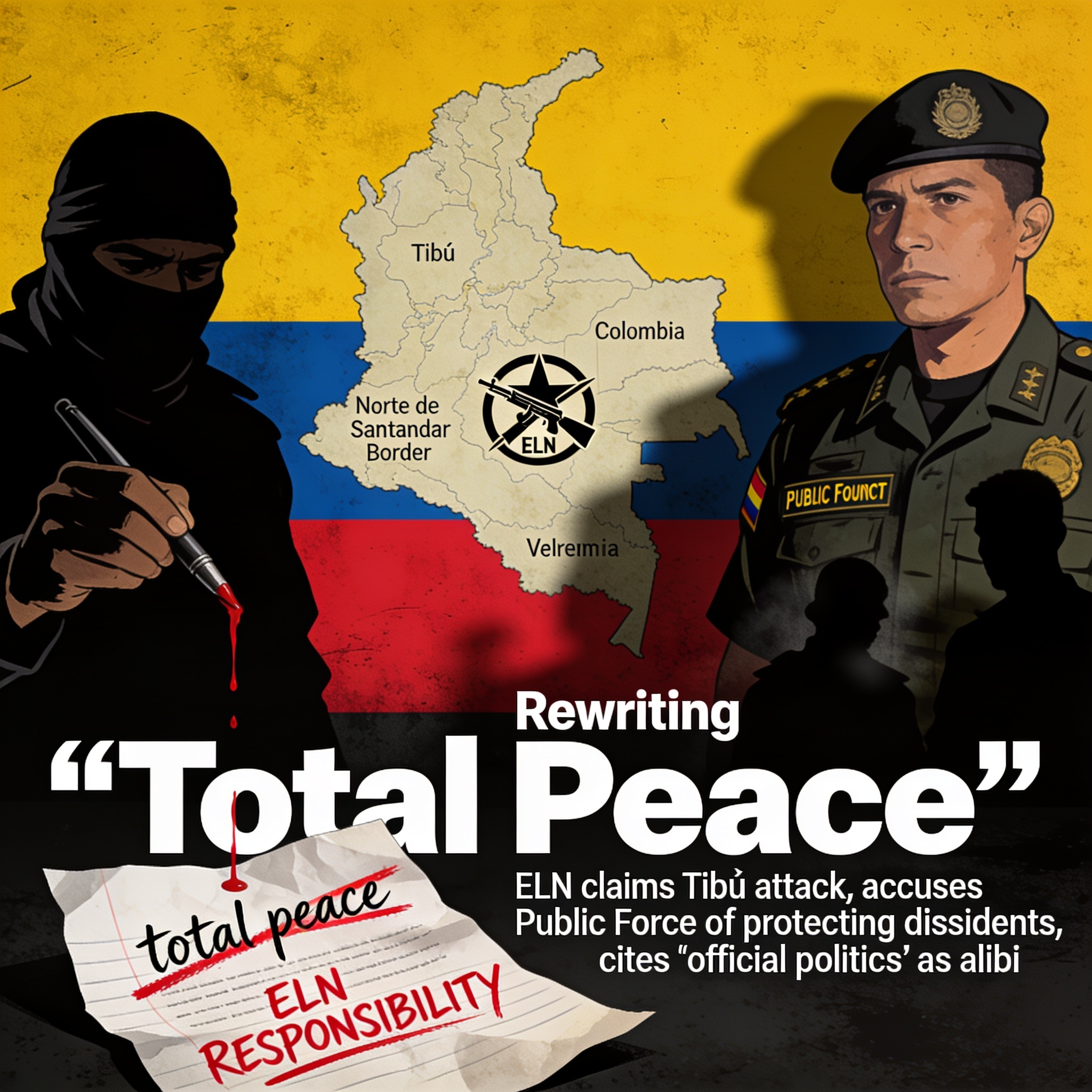 El Eln reivindica Tibú y reescribe la paz total — Política, ilustración editorial