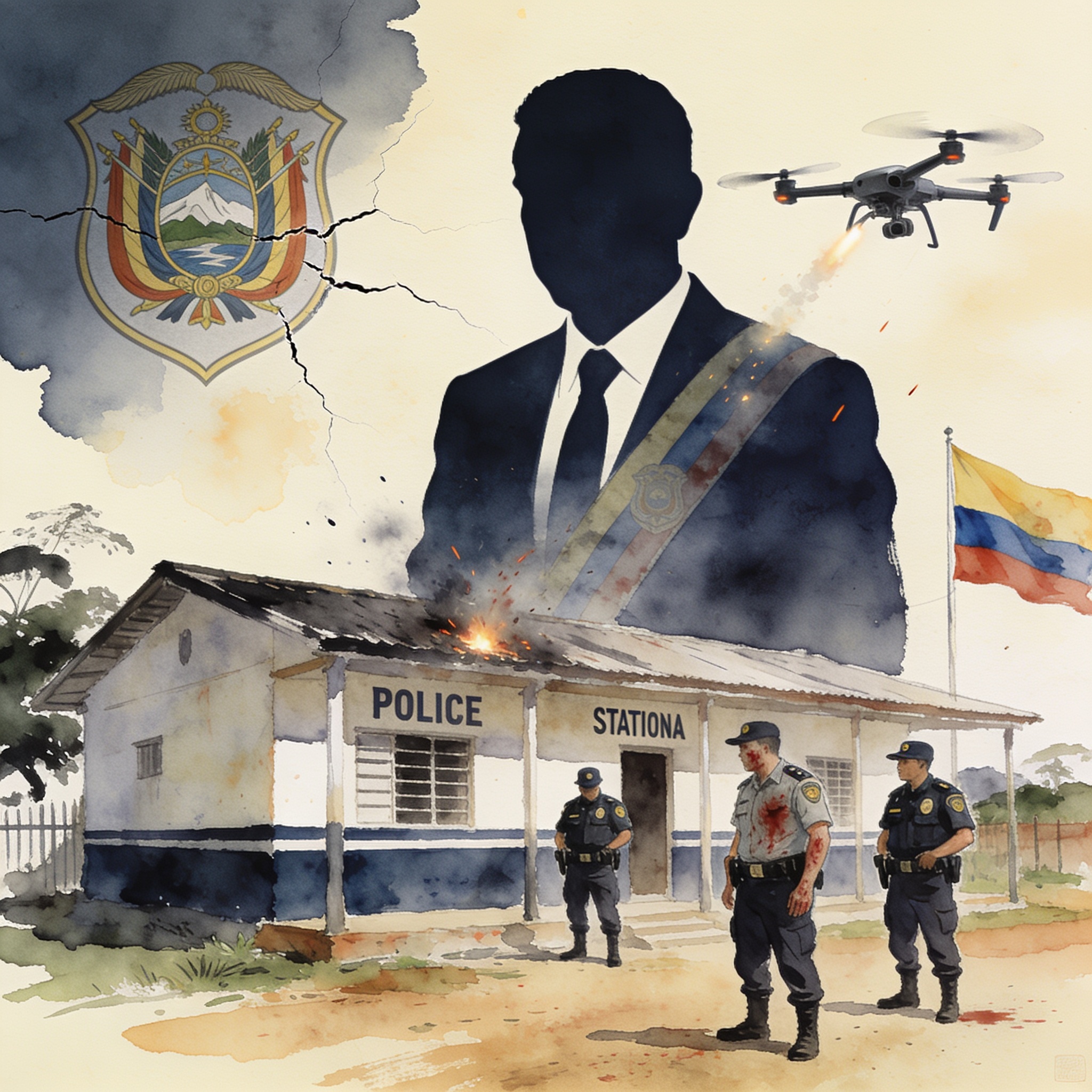 Drones contra una estación de Policía en Arenal, sur de Bolívar — Política, ilustración editorial