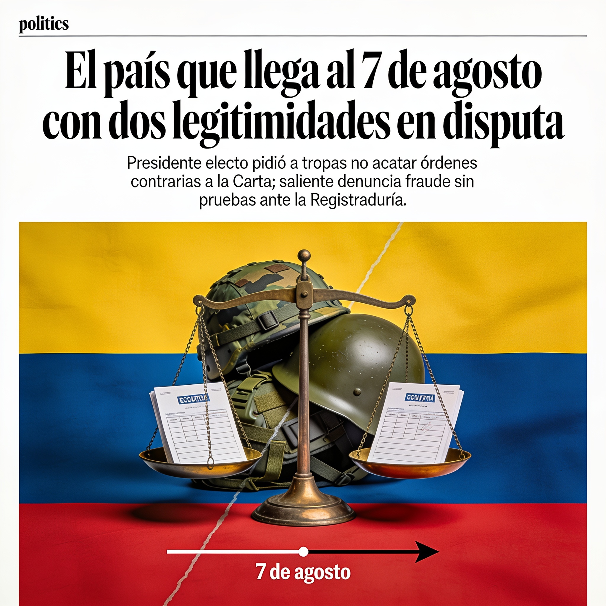 El país que llega al 7 de agosto con dos legitimidades en disputa — Política, ilustración editorial