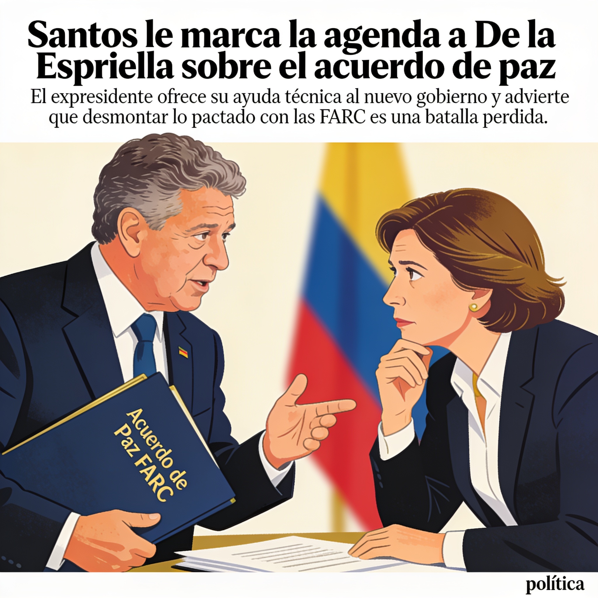 Santos le marca la agenda a De la Espriella sobre el acuerdo de paz — Política, ilustración editorial