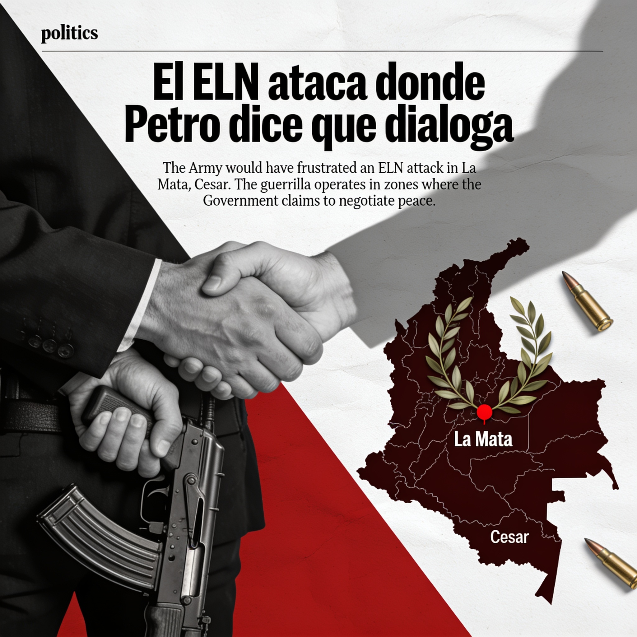 El ELN ataca donde Petro dice que dialoga — Política, ilustración editorial