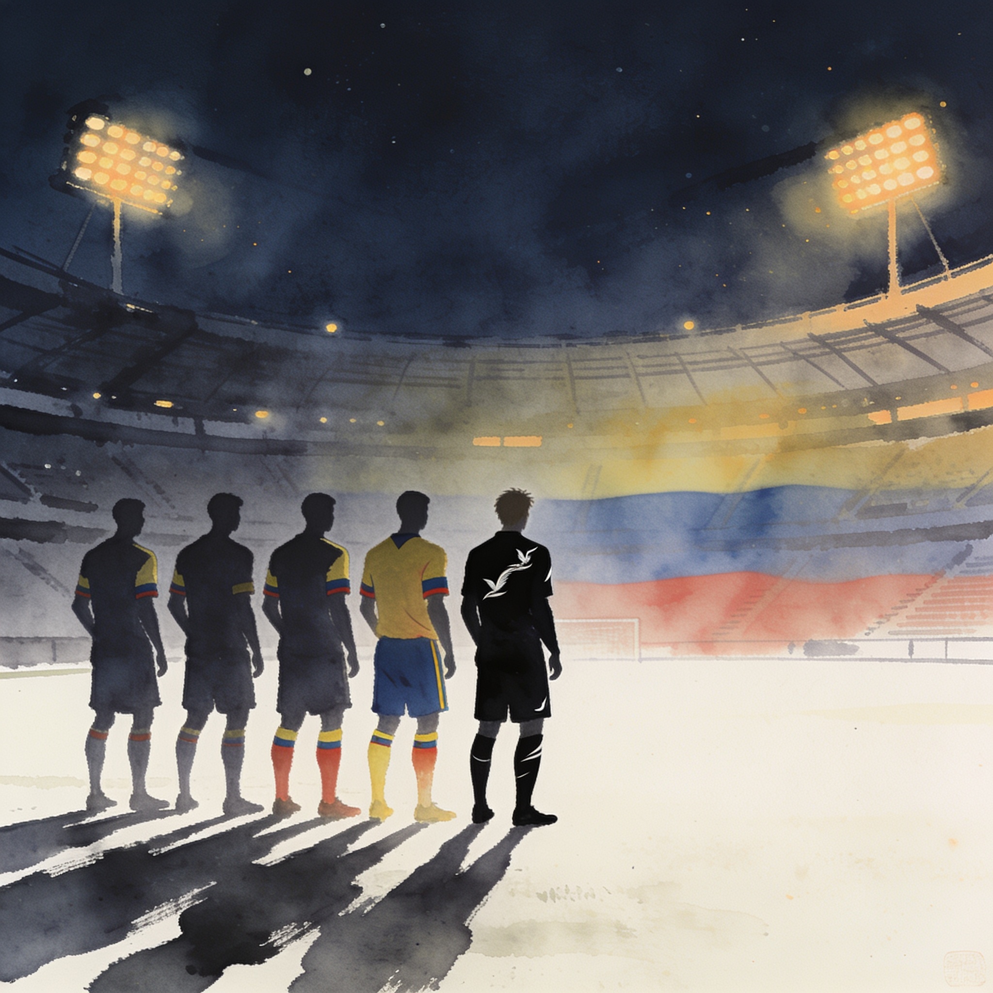 Cuatro colombianos y un neozelandés en la noche de Asunción — Deportes, ilustración editorial