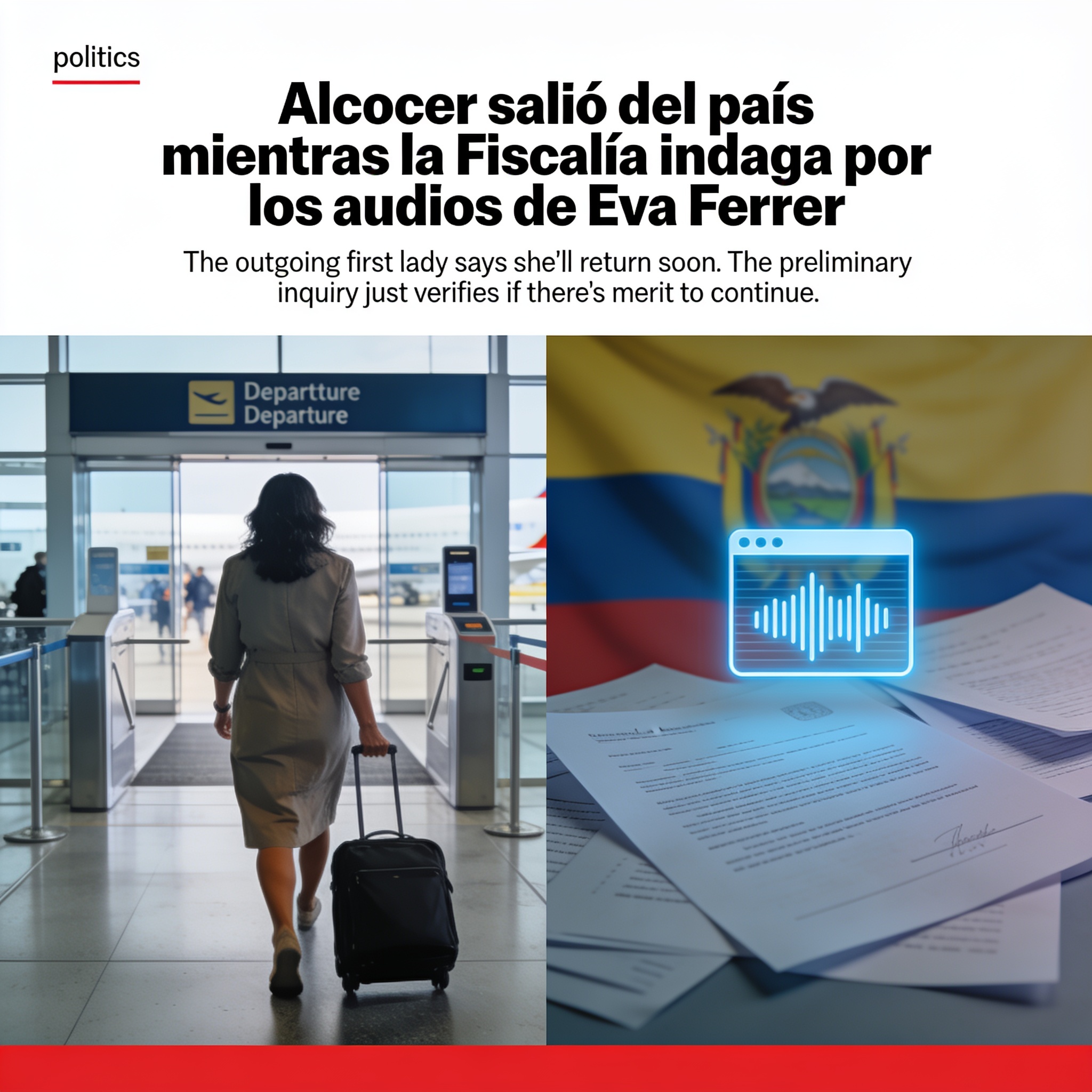 Alcocer salió del país mientras la Fiscalía indaga por los audios de Eva Ferrer — Política, ilustración editorial