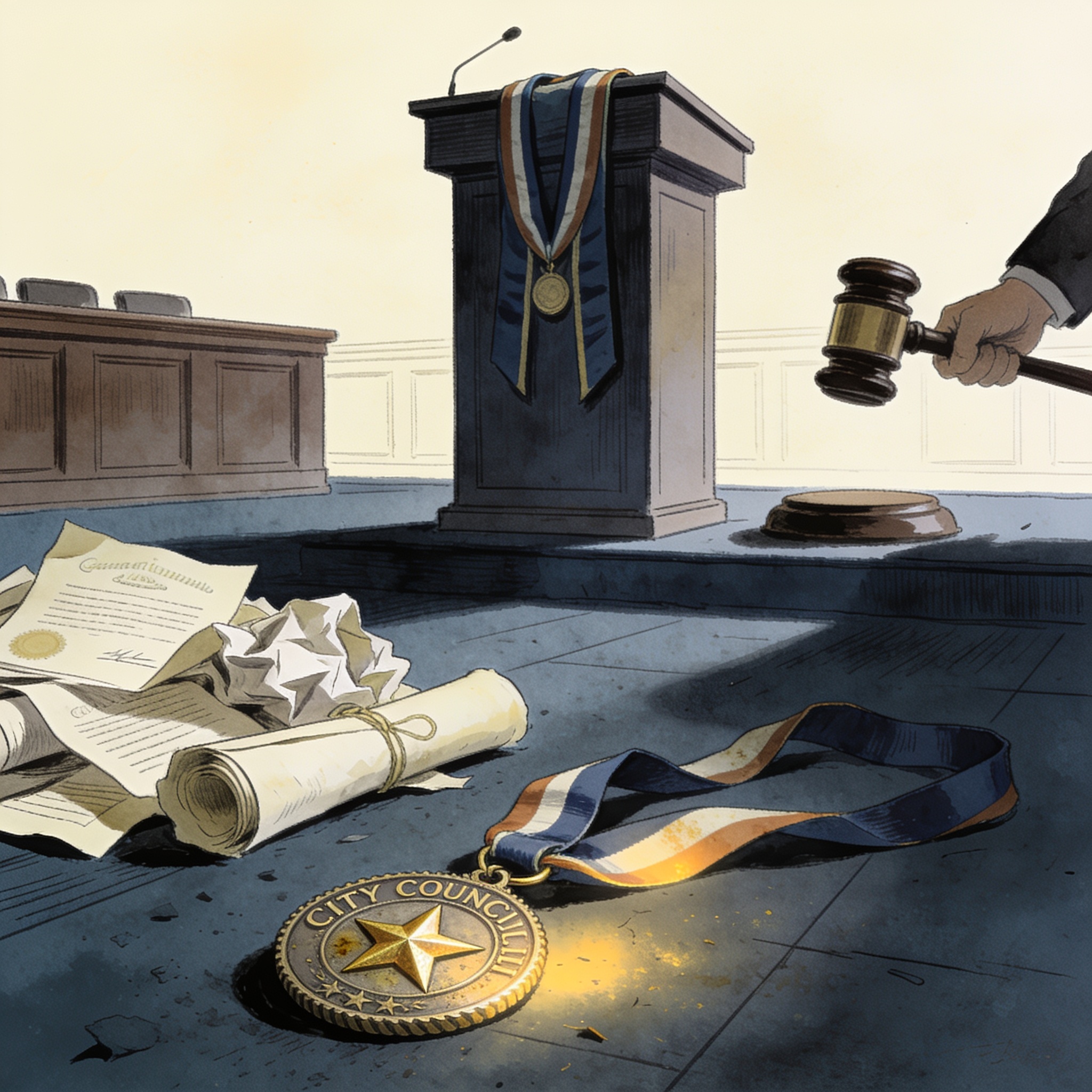 Cuando el Concejo de Bogotá condecora a un condenado por falsificar diplomas — Política, ilustración editorial