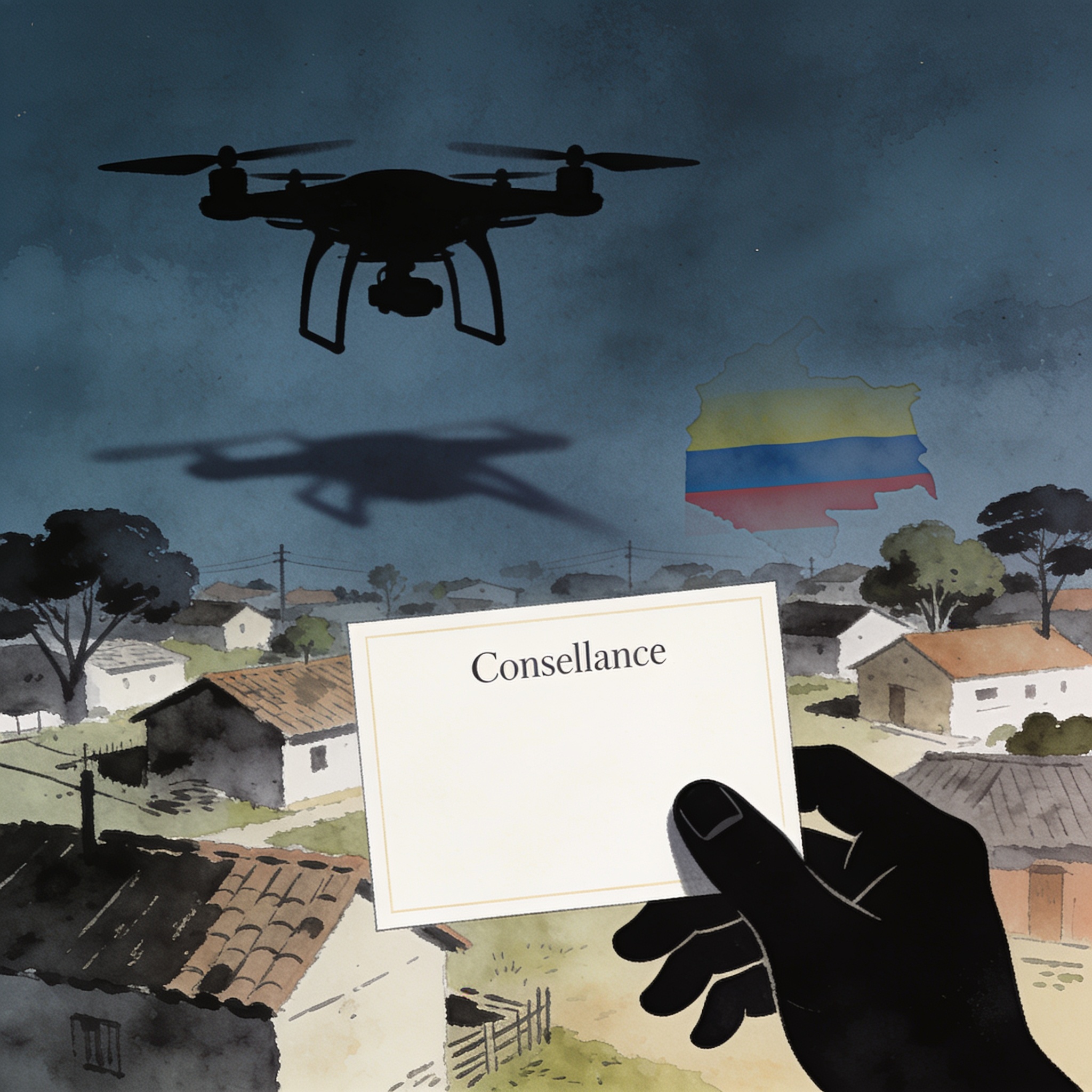 El ELN ataca con drones y el Estado responde con condolencias — Política, ilustración editorial