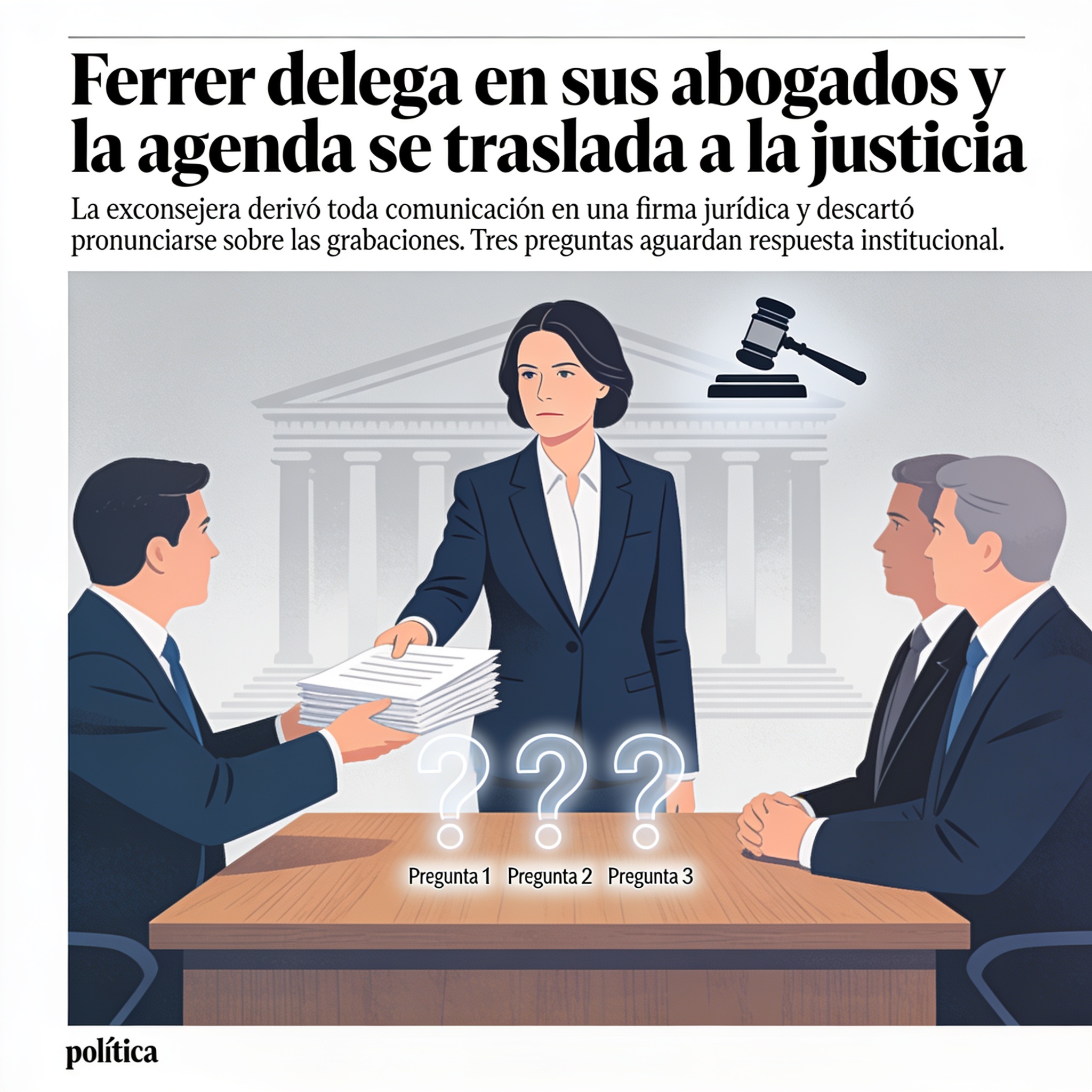 Ferrer delega en sus abogados y la agenda se traslada a la justicia — Política, ilustración editorial
