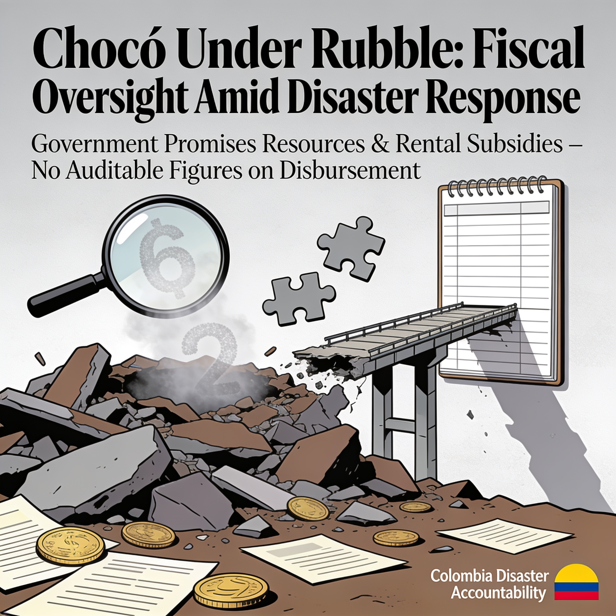 Chocó bajo escombros y la fiscalización que viene — Política, ilustración editorial